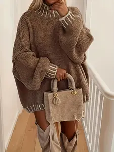 Women's Oversized Pullover Sweater with Contrast Stitching & Mock Neck Soft Textured Fabric Tunic for Fall & Winter Daily Wear Casual Slouchy Jumper