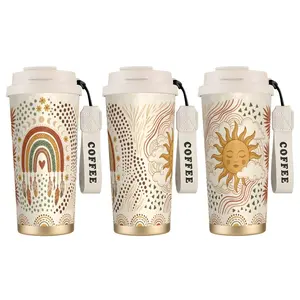 1pc 18OZ Stylish Boho Sun & Rainbow Thermal Insulation Coffee Cup Flask, Celestial Earthy Tones-Feather Illustration, Portable Dual Drink Lid Vacuum Flask, Suitable for Home, Yoga Studio, Women's Gifts
