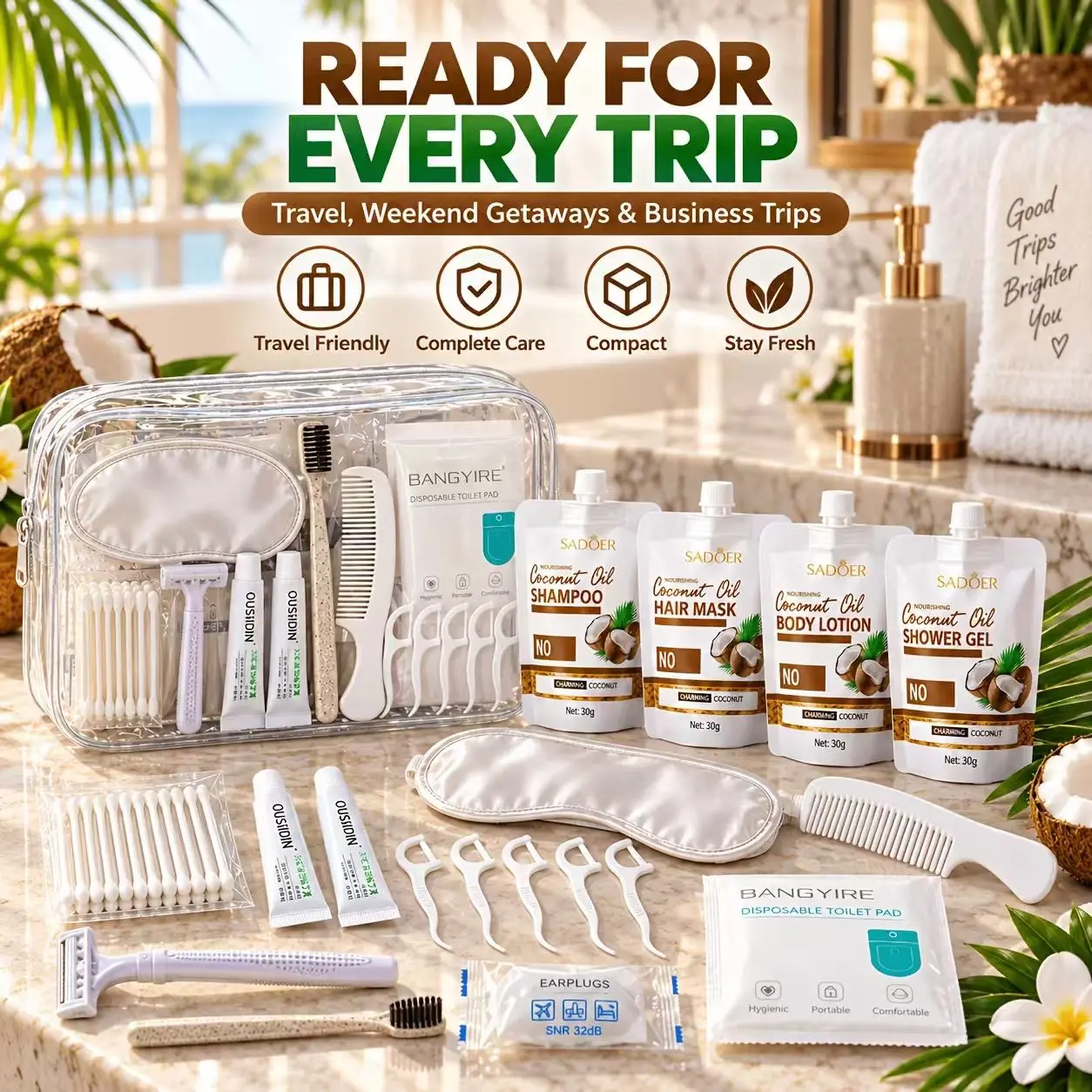 28-Piece Travel Toiletry Kit for Women & Men, Coconut Hair & Body Care Set with Clear Travel Bag, Shampoo, Hair Mask, Body Lotion, Shower Gel, Dental & Personal Care Essentials for Vacation, Business Trips & Weekend Getaways