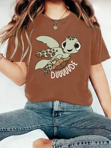 Women's Turtle Print Round Neck Tee, Fashion Casual Crew Neck T-Shirt for Daily Holiday Vacation Outdoor Wear, Ladies Clothes for Summer, Top