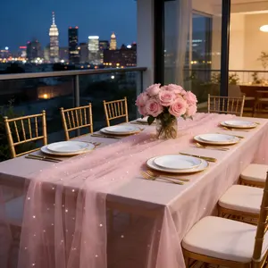 One-piece elegant pink pearl tulle table runner, perfect for romantic spring wedding ceremony decorations. Decorates table runners/arches/dessert tables/chair back ties. Ideal for Valentine's Day. Sizes 78/303 or 502cm.