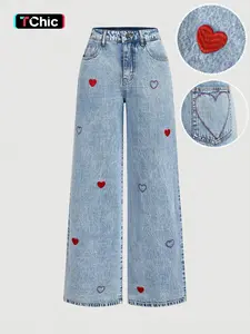 Women's 2026 New Trendy Fashion Denim Jeans, Embroidered Heart Pattern, Wide Leg Fitted Jeans, Casual All Seasons Wear