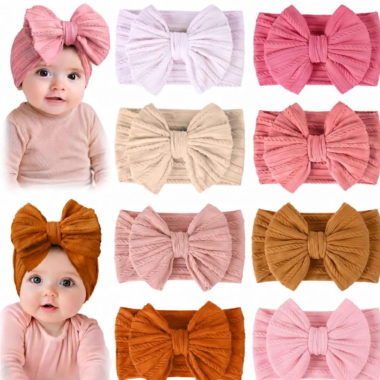 PUEMCO Baby Girls Large Bow Headbands, Stretchy Cable Knit Turban Hair Wraps Soft Elastic Newborn Infant Toddler Hair Accessories Neutral Solid Color Hair Bands for Daily Wear Photography Gift
