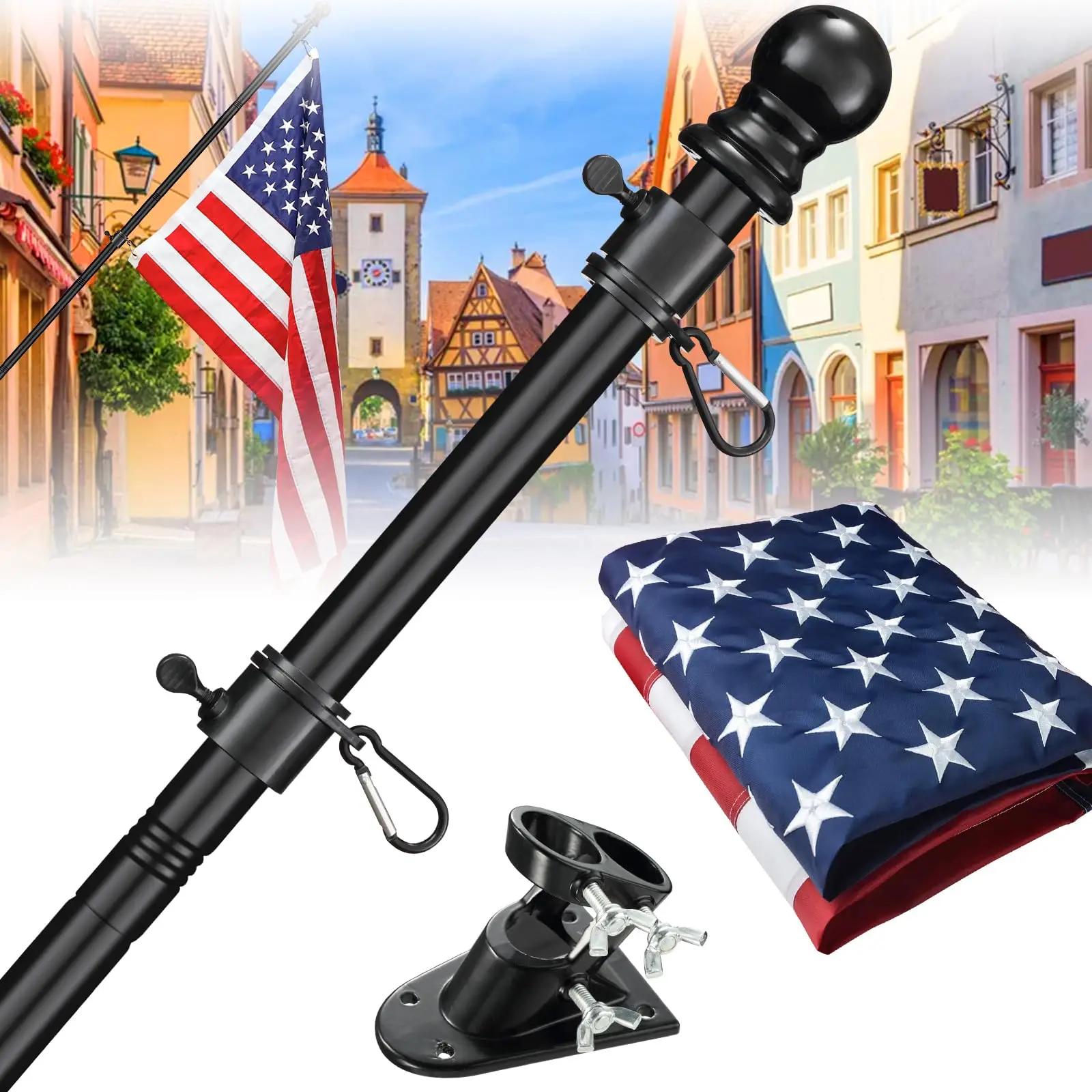 Barcetine Flag Pole Set with US Banners-kit Includes Heavy Duty Flagpole,Weather Resistant Embroidered Flag,Steel Bracket,for Outside House,Porch Alum