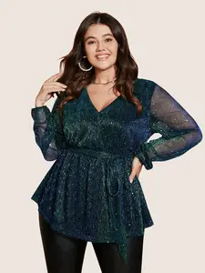 【Summer Turn-Up】【Minimalist】BlOOMCHIC Plus Size Sequin Mesh Lantern Sleeve Wrap Belted Striped Blouse in DarkGreen Regular Fit Long Sleeve No Stretch Overlap Collar [1x-6x] 2026 Summer Pick for Mother's Day