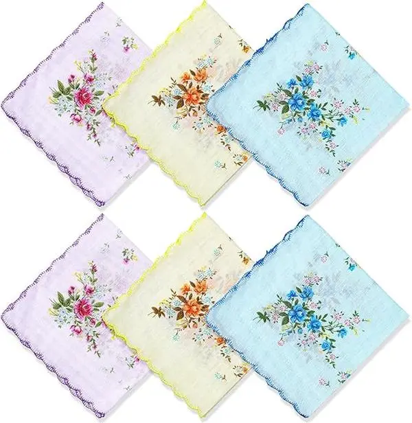 Women's 6-Piece Retro Floral Embroidered Handkerchief Set - Elegant Soft Fabric, Wavy Edge, 11.81" Size, Hand Wash Only, Shrinks First Wash, Ideal for Wedding, Mother of the Groom Gifts, Graduation
