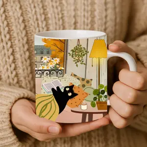 Cozy Cat Mug | Black Cat & White Cat Cute Coffee Cup | Warm Rustic Aesthetic | Cat Lover Gift | Cottagecore Plant Mug | Cute Cat Art