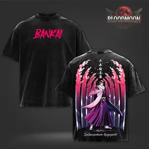 Bleach Byakuya Kuchiki Senbonzakura Kageyoshi Vintage Washed Oversized Heavyweight Cotton Graphic T-Shirt Double Print Anime Streetwear Unisex Tee