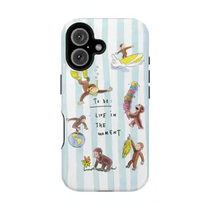 Vintage Live in The Moment George Monkey Playful Phone Case, Pastel Stripes with George Vibes Case Cover,phone Case Suitable for Iphone 11/12/13/14/15/16/17 Pro Promax Plus Air and Samsung S22/S23/S24/S25 Plus Ultra Fe