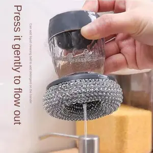 Dish Scrubber with Soap Dispenser & Replaceable Steel Wool Transparent Reservoir Cast Iron Cleaning Kit for Pans Grills