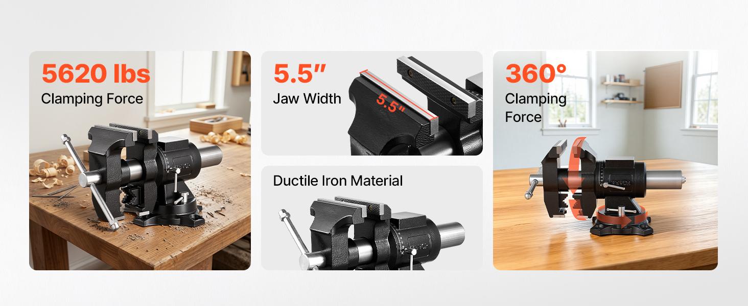 VEVOR Heavy Duty Multipurpose Ductile Iron Vise, Hardware Repair Tool with 5.5" Jaw Width, 5" Max Jaw Opening, 2.76" Throat Depth, 3.11"x2.56" Anvil, Lead Screw, 360° Swiveling Base & Locking Head, for Drilling, Pipe Cutting