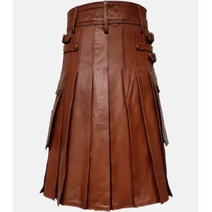 Men's Brown Leather Kilt with Side Pockets