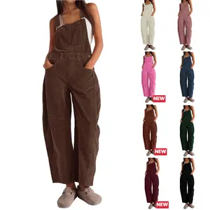 Tanming Corduroy Overalls for Women Barrel Wide Leg Bib Corduroy Pants Women Adjustable Romper Jumpsuit with Side Buttons and Pockets for Loose Fit Outfits