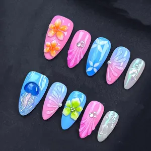Tropical Mermaid Bloom Press-On Nails | 3D Flower Jelly Shell Chrome Summer Nail Set | Handmade Luxury Vacation Nails
