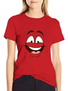Funny Cartoon Smiling Face Graphic T-Shirt, Cute Simple White Casual Tee
