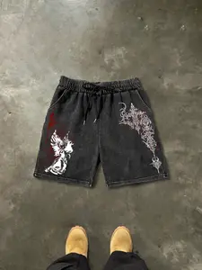Men's Washed Cotton Casual Streetwear Shorts Gothic Print, Casual Summer Wear, Comfortable and Breathable, Perfect for Daily Use