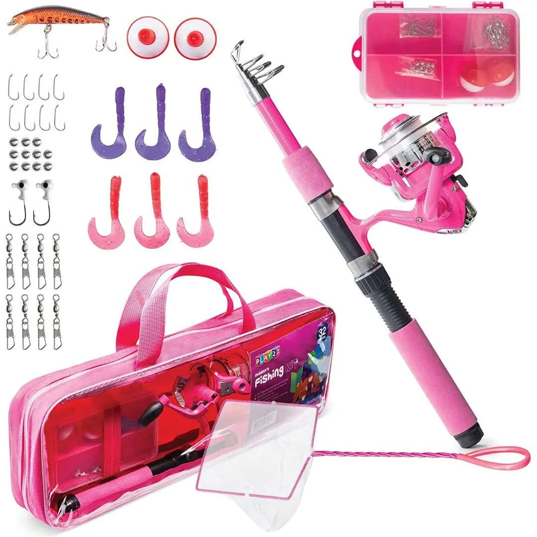 Kids Fishing Rod Reel Combo Kit with Tackle Box Lures Carry Case Pink 40PCS