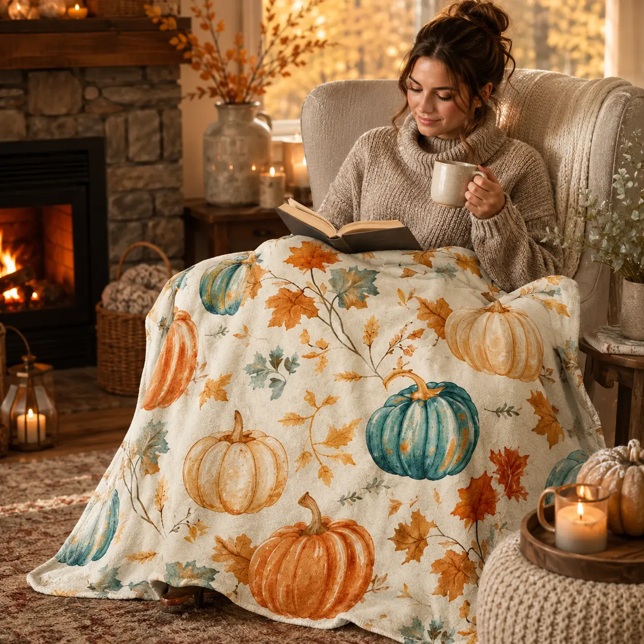 Autumn Pumpkin Flannel Throw Blanket with Blue, Orange & Cream Pumpkin and Maple Leaf Print, Soft Cozy Lightweight Fleece Blanket for Couch, Bed, Sofa and Travel, Rustic Fall Farmhouse Home Decor Gift for Women, Adults and Thanksgiving Lovers