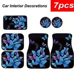 7pcs Blue Butterfly Print Car Armrest Mat, Universal Car Floor Mats, Car Accessory, Interior Accessories, Coasters for Car Suv Trucks, Car Interior Decorations