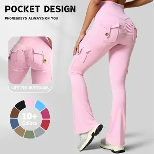 Women's Workout Flare Leggings with Pockets Hidden Scrunch High Waisted Cargo Gym Yoga No Front Seam Leggings Flared Joggers Fitness Outfit Camouflage Sports Pants