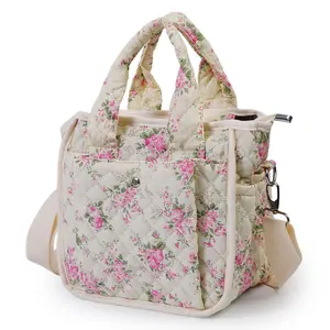 Floral Quilted Tote Bag for Women, Cute Crossbody Shoulder Purse with Pockets, Everyday Handbags