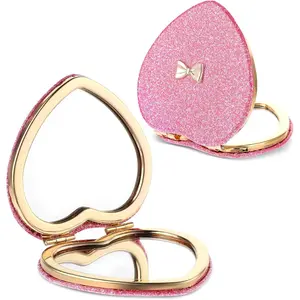 Pink Compact Mirror, 2Pcs Double-Sided Folding Heart Compact Mirror for Girls Women with Magnifying Purse Pocket Home Office Gift (3 Inch)