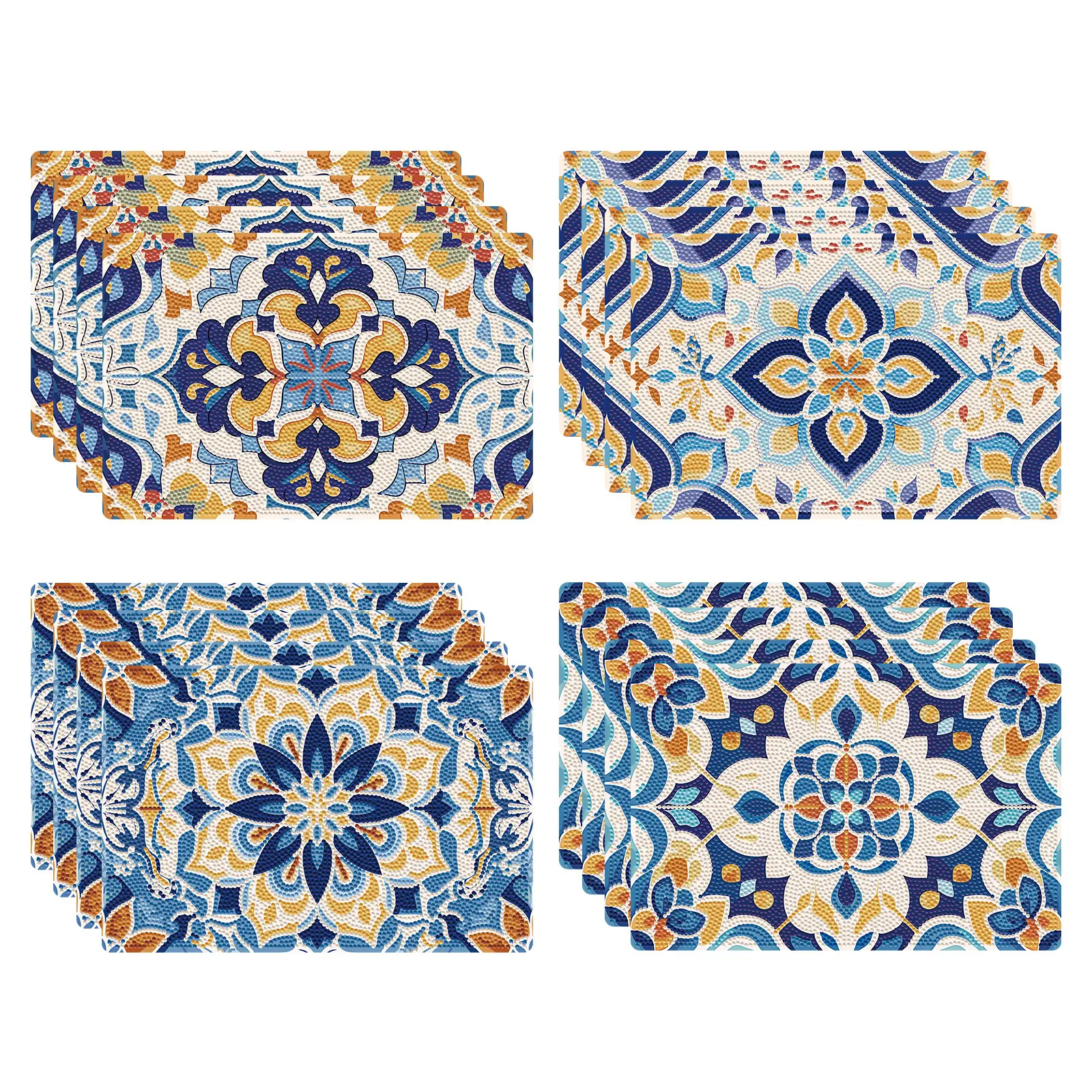 Set of 4  Diamond Painting Placemats Kit | Boho Mediterranean Blue & Yellow Tile Mandala | DIY Full Drill Rhinestone Art | Non-Slip,Sparkly Kitchen Table Mats for Adult Crafts & Home Decor
