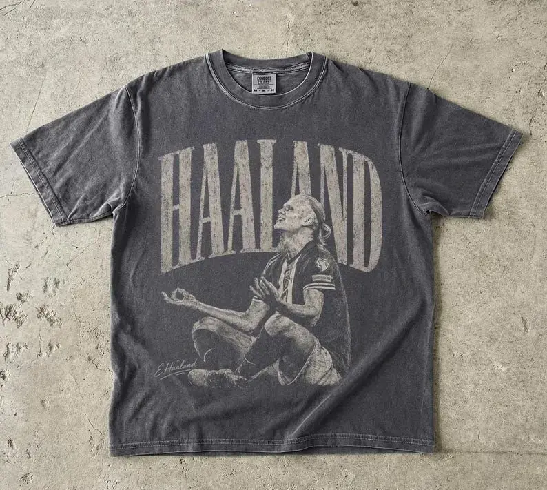 (Sale Off Up To 50%) Comfort Colors Haaland Vintage Bootleg Soccer Shirt, Erling Haaland Meditation Graphic Tee, Norway Football Retro Sports T-Shirt, Full Color, For Men, For Women, Casual, Classic Fashion, Tee Print