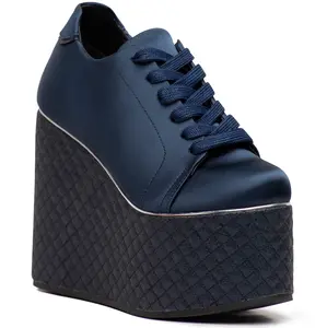 Kara Milovnik ROBBIE NAVY 130 Women's Satin High Heels with Quilted Platform, Round Toe, Lace-Up, Comfortable & Stylish for Party Events