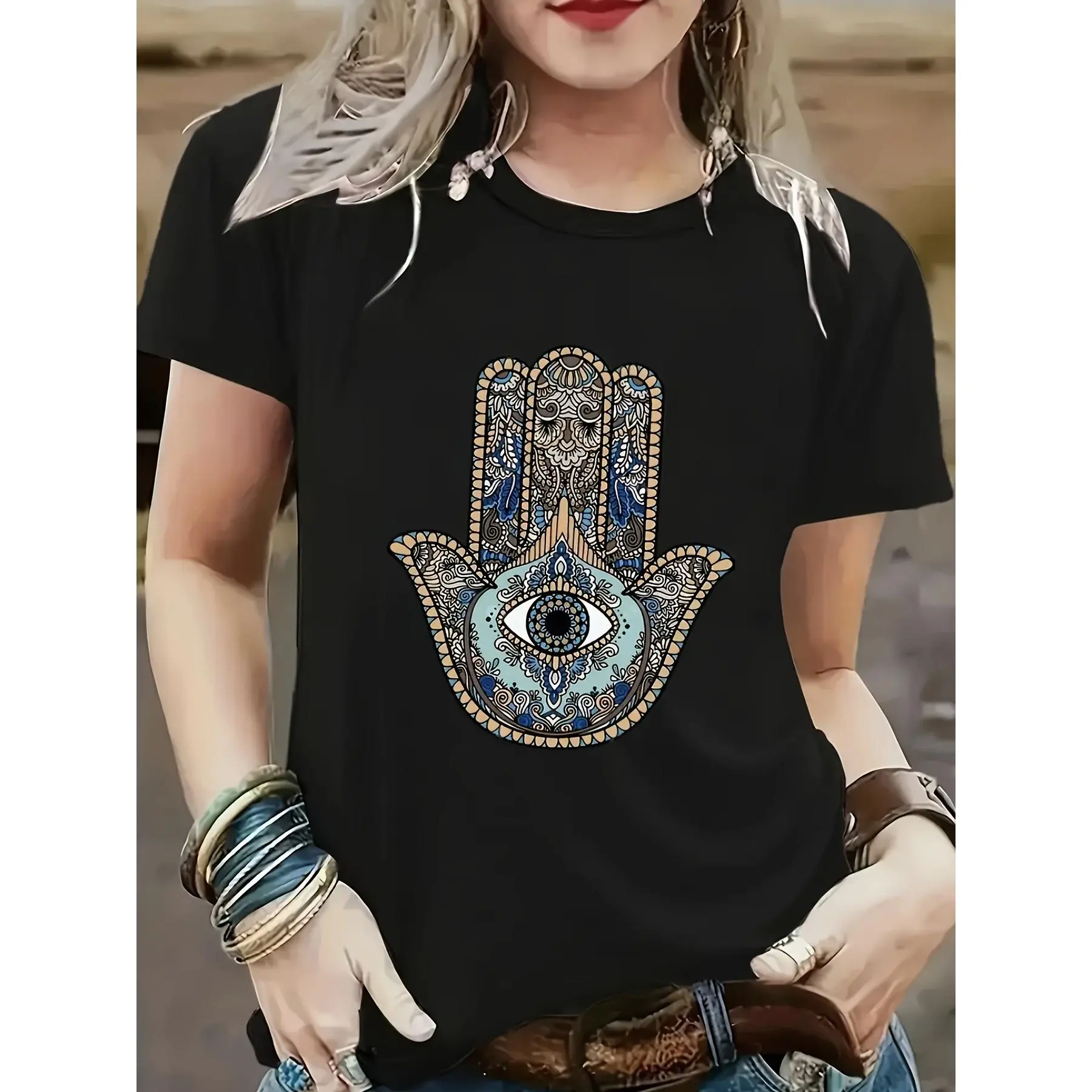 Women's 100% Cotton Fitted Cut Cartoon Hamsa Hand Digital Print Crew Neck Short-Sleeve T-Shirt - Classic Sporty Chic Top for Spring, Summer, Valentine's Day, All Seasons Figure-Flattering Wear