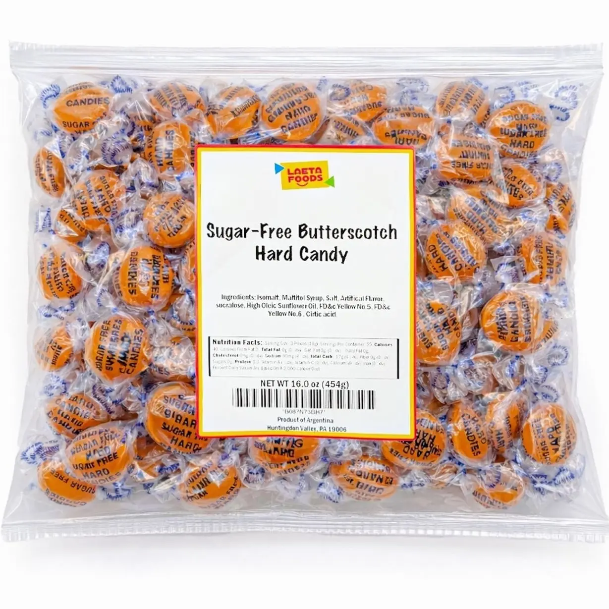 Sugar Free Butterscotch Hard Candy | 1 Lb Bag - Approx. 75 Pieces | Sugarless Candy Individually Wrapped | Old Fashioned Candies for Office Bowls & Sharing