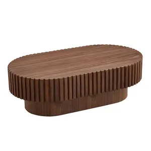 43.70 Inch Modern Handcraft Drum Coffee Table Oval Coffee Table for Living Room, Small Wooden Coffee Table with Sturdy Pedestal for Office, Walnut