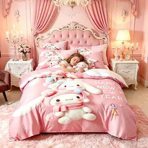 3-piece duvet cover set featuring three white long-eared rabbits wearing pink knitted hats and scarves, 3D digitally printed, suitable for bedroom and guest room home décor (1 duvet cover, 2 pillowcases, duvet insert not included).