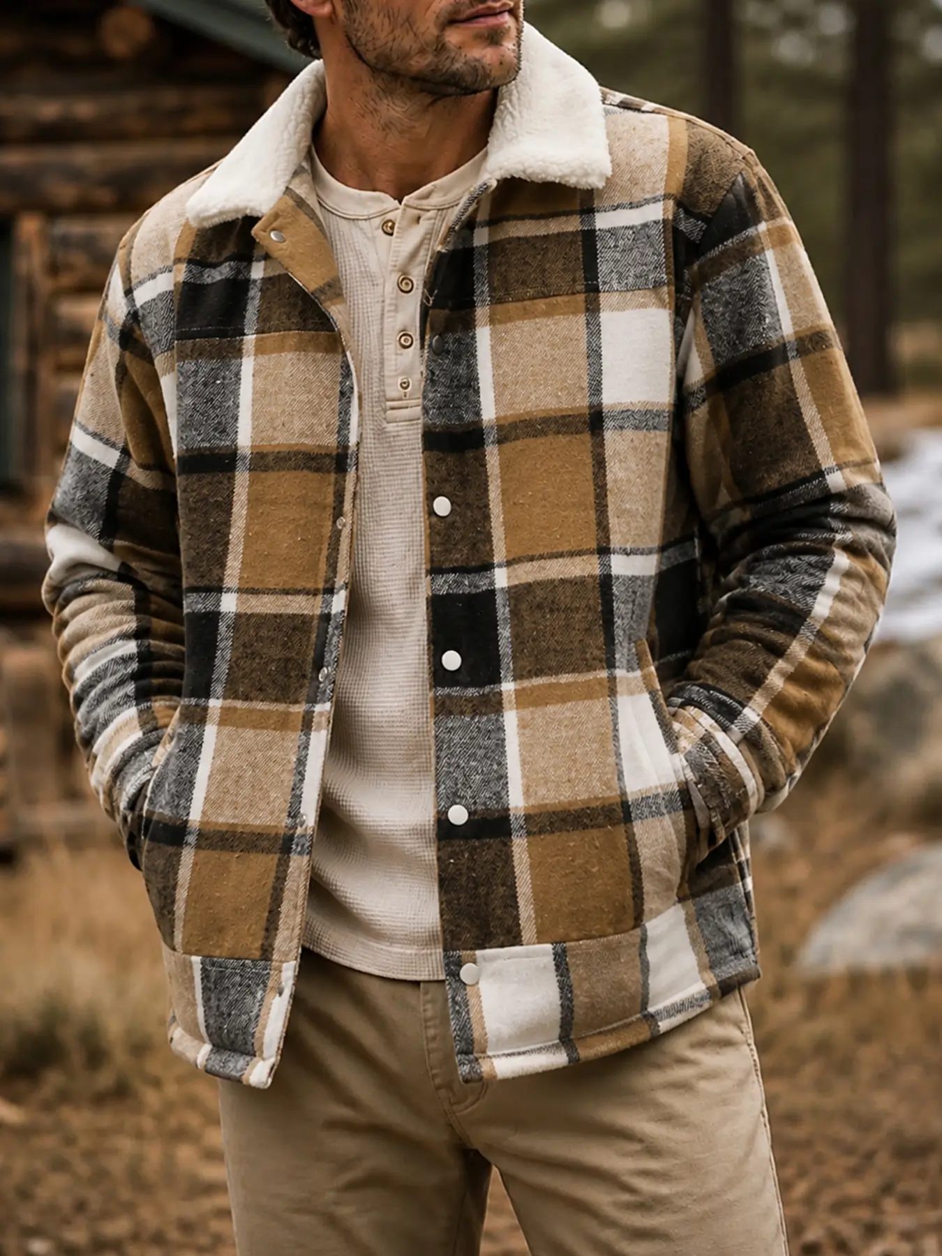 Mens Shacket Plaid Shirt Jacket with Sherpa Collar and Button Front, Workwear Style Outerwear for Fall Layering Casual Outdoor Looks
