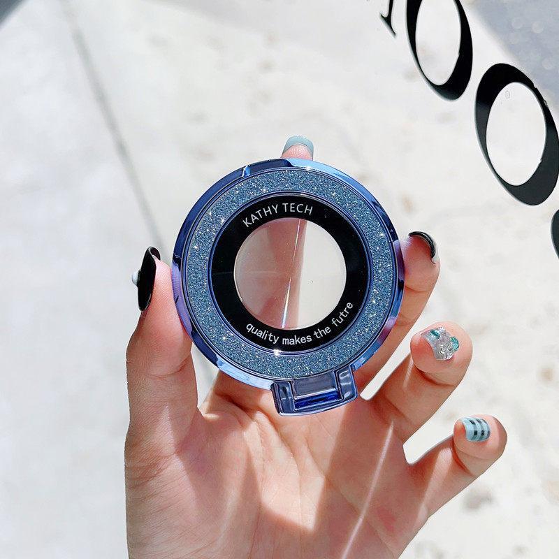 360-Degree Rotating Rhinestone & Glitter Mirror Stand — Universal Mobile Phone Holder, Desktop Support Ring, Adhesive Back Stand.