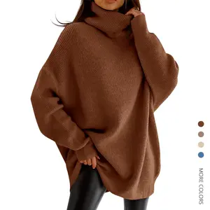 Danedvi Women's Turtleneck Long Sleeve Soft Knitwear - Oversized Loose Basic Chunky Knit Pullover, Minimalist Pleated Batwing Jumper Top with Cowl Accents for Fall Casual or Formal Wear with Skinny Short Skirts