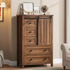 Garvee Farmhouse 5-Drawer Wooden Dresser, 48 Inches Tall, Features Sliding Barn Door, Adjustable Shelf, and Storage Organizer, Ideal for Bedroom, Hallway, or Living Room