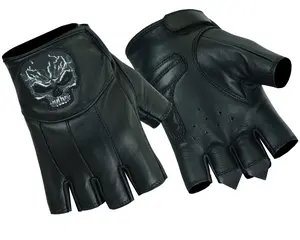 Reflective Skull - Men's Leather Motorcycle Fingerless Gloves