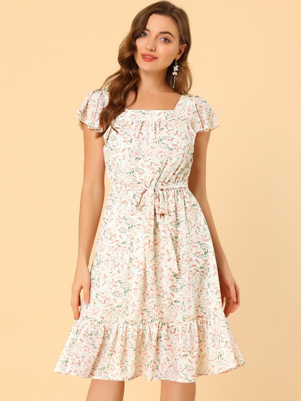 INSPIRE CHIC Floral Chiffon Flutter Sleeve Belted Square Neck Ruffled Hem Dress White-Floral