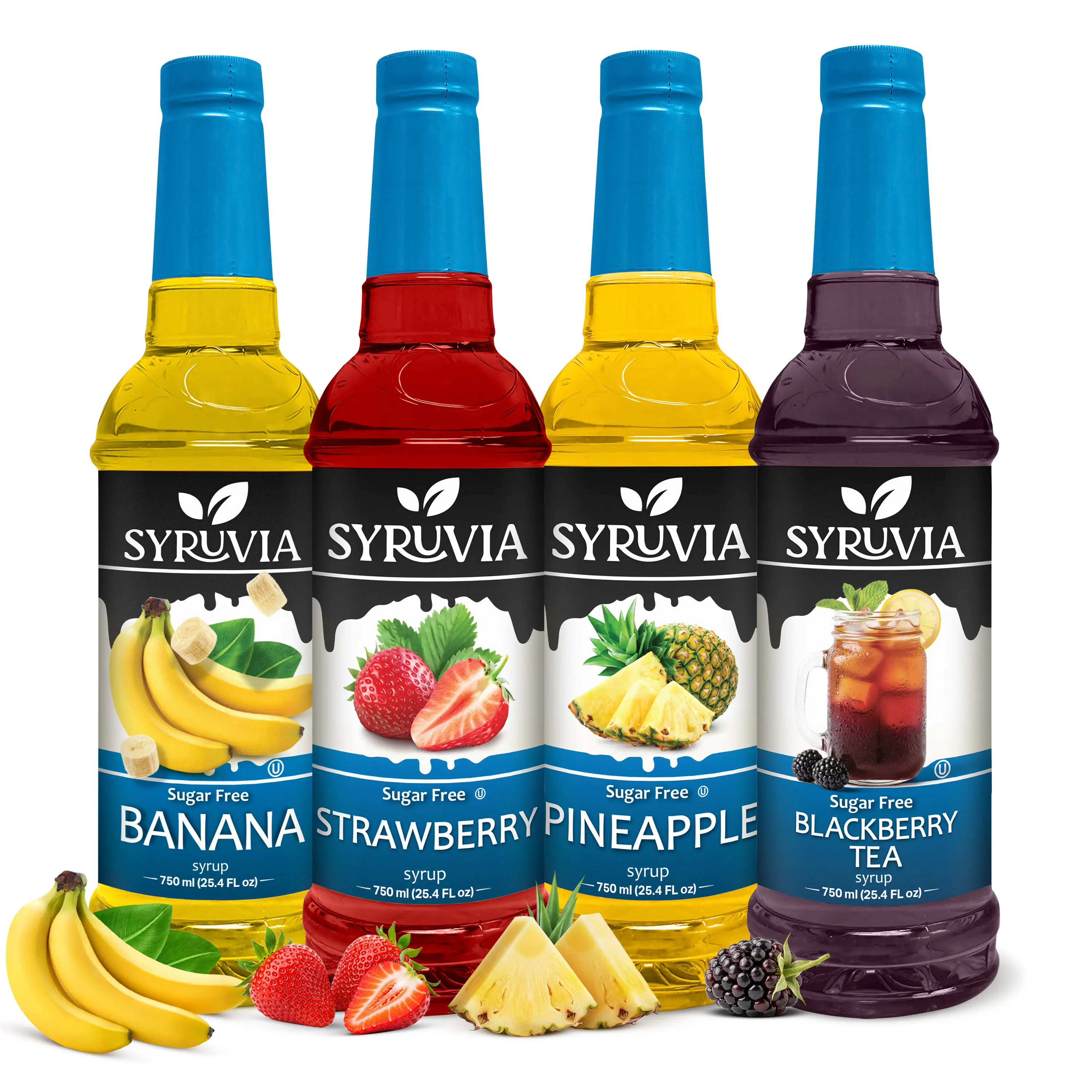 Syruvia Sugar-Free Fruit Flavor Syrups & Concentrates Variety Pack - Banana, Strawberry, Pineapple, Blackberry Tea Flavors - Gluten-Free, Kosher - 4-Pack of 25.4 fl oz Bottles for Lemonades, Cocktails
