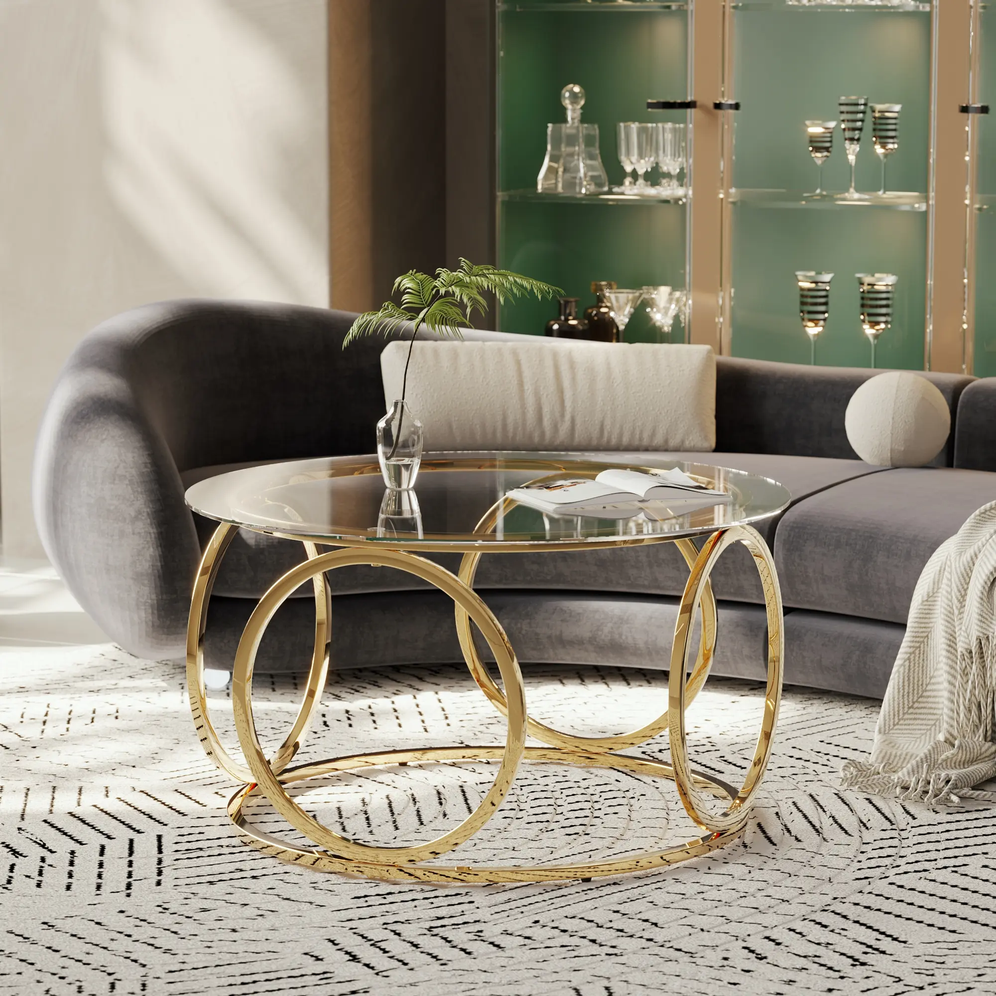 31.5-inch Diameter Modern Shatter-Safe Glass Top Coffee Table - Gold Stable Circular Metal Airy Interlock Base, 150lb Capacity Modern Accent Table with Focal Point Frame for Living Room, Office
