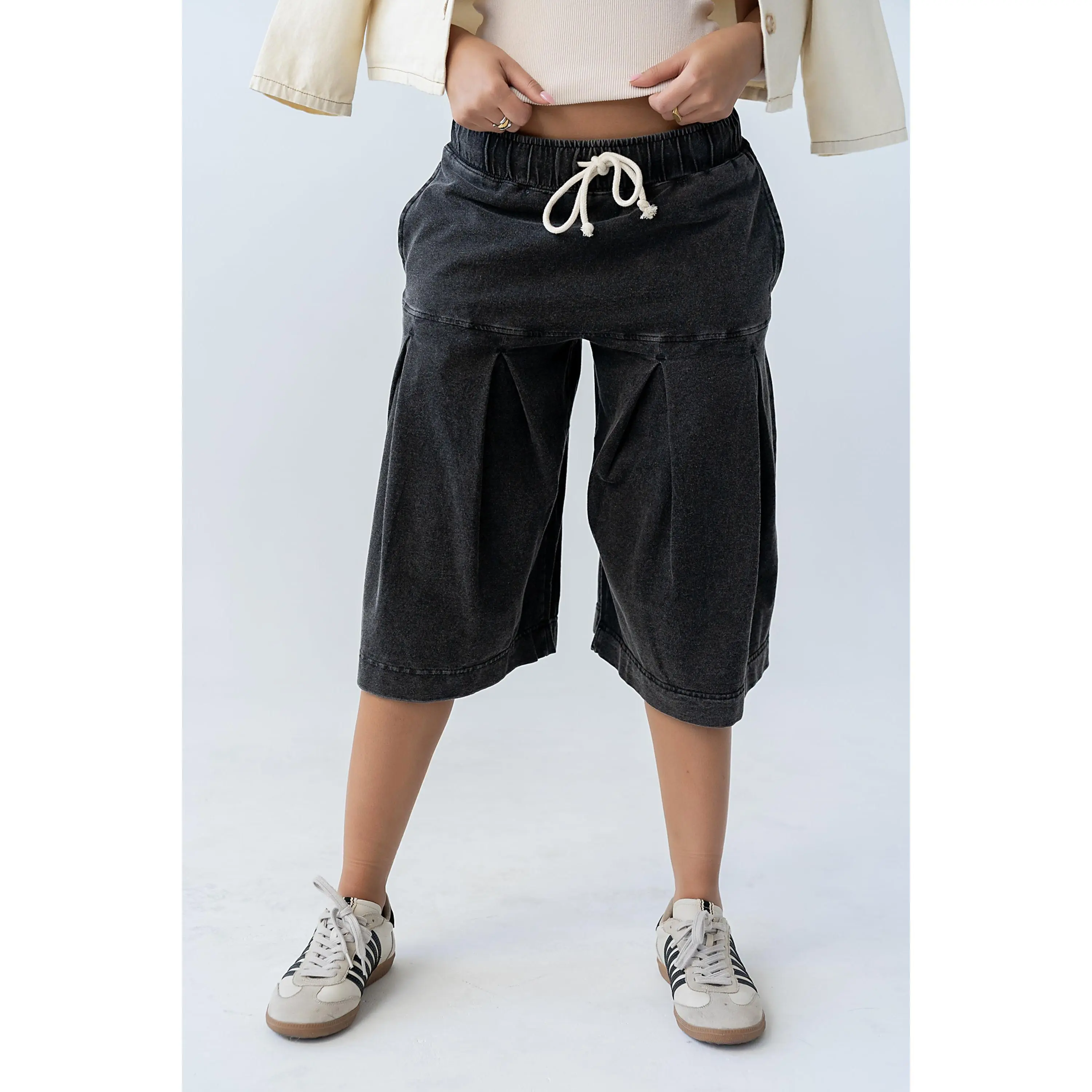 Women's High-Rise Pleated Polyester Bermuda Shorts - Expandable Slight-Stretch Fabric, Elastic Drawstring Waist, Pockets, Long Length Adjustable Bottoms