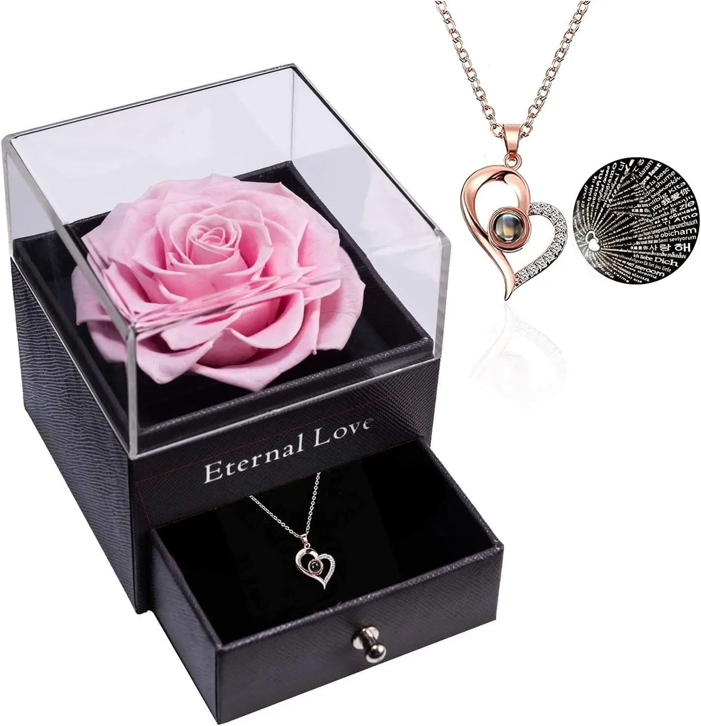 Mother’s Day Gift – Preserved Real Rose with “I Love You” Necklace in 100 Languages | Gift for Mom from Daughter, Son, or Husband | Eternal Flower Jew