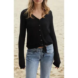 John Galt Women's Black Button Front Tie Cardigan
