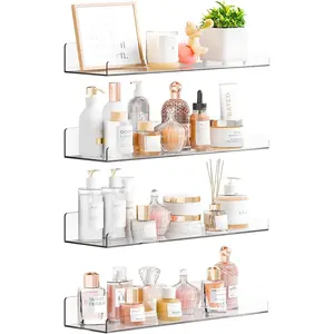 Yieach 4 Pack 15" Acrylic Shelves for Wall,Bathroom,Bedroom - with Adhesive - No Drilling Clear Floating Shelves for Funko Pop,Lego,Action Figures,Nail Polish,Perfume Shelf and Wall Storage & Display