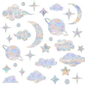 60 Pieces Star Moon Sun Catcher Window Clings for Glass Windows, Anti-Collision Stickers Star Moon Decals Prevent Bird Strikes, Cloud Planet Rainbow Prismatic Clings Non Adhesive Window Deco