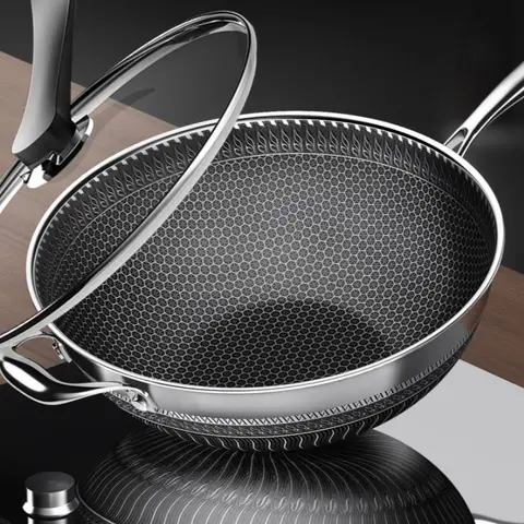 CNCEST 13.4 inches Magnetic Pan, 316 Surgical-Grade Steel Wok with Honeycomb Nonstick Durable Cooking Surface, 380°C Heat Resistant, Glass Lid Included, Gas & Induction Compatible, Dishwasher Safe, Durable Construction