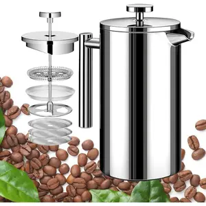 Large 50oz 1.5L French Press Coffee Maker 304 Stainless Steel Double Wall Insulated Coffee Press for Camping Backpacking Party Travel Gift Set Dishwasher Safe Silver 6-8 Cups
