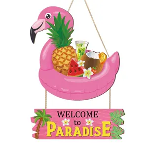 Flamingo Welcome Summer Wooden Sign Set, Tropical Fruit Coconut Tree Door Decor, Outdoor Garden Home Pool Decoration, Women's Gift