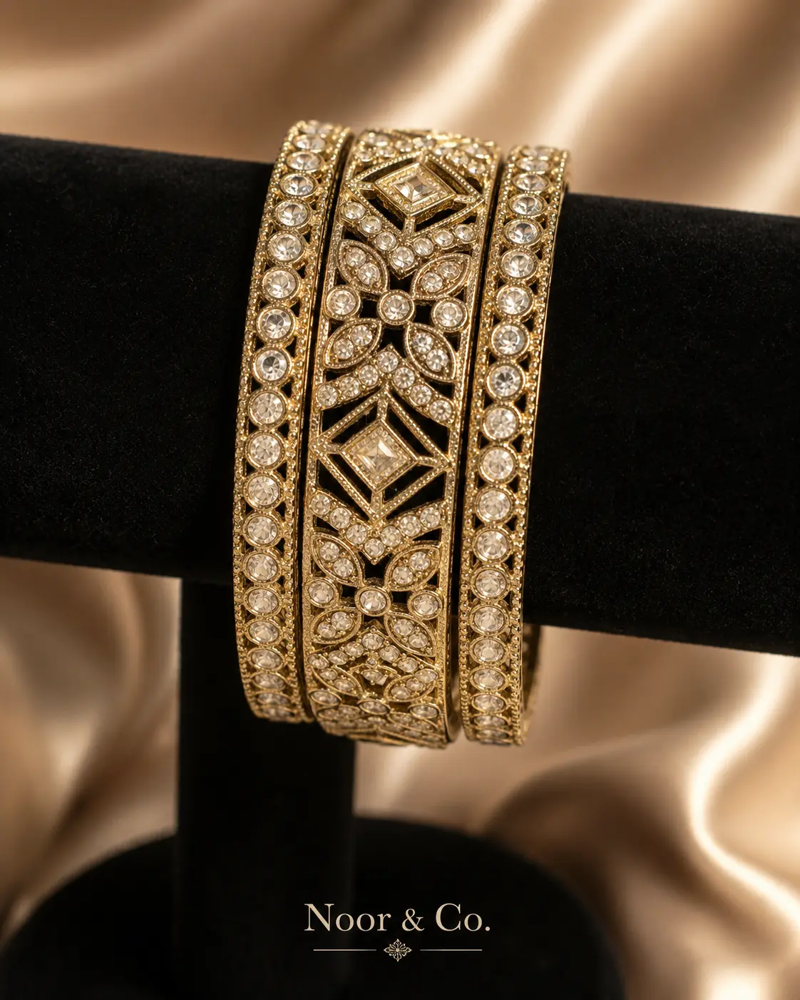 Gold Vintage CZ Bangle Set of 3, Crystal Bridal Bangles with Statement Centerpiece, Indian Pakistani Wedding Jewelry for Women